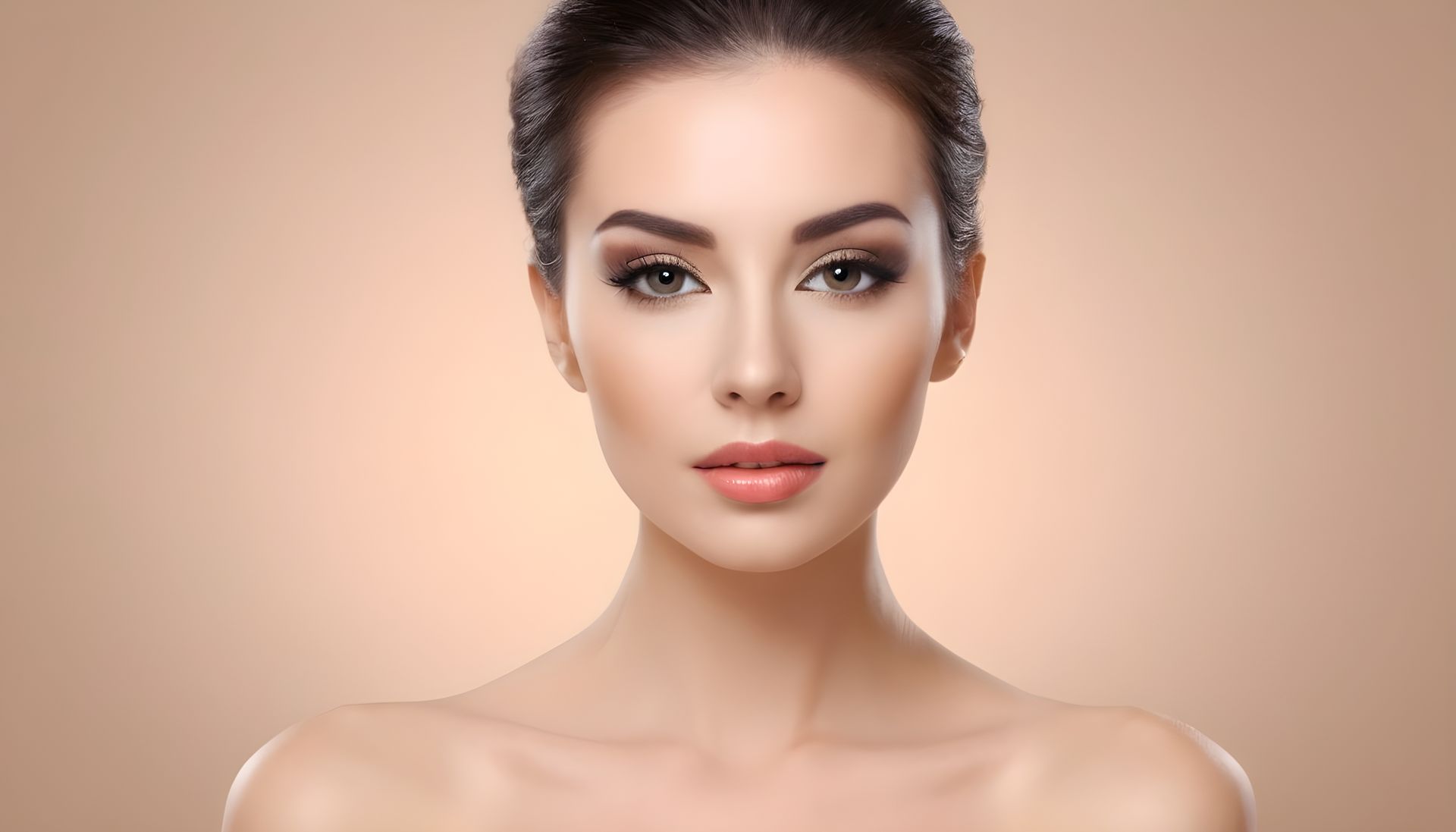 Close-up portrait of a woman with a neutral expression on a soft beige background