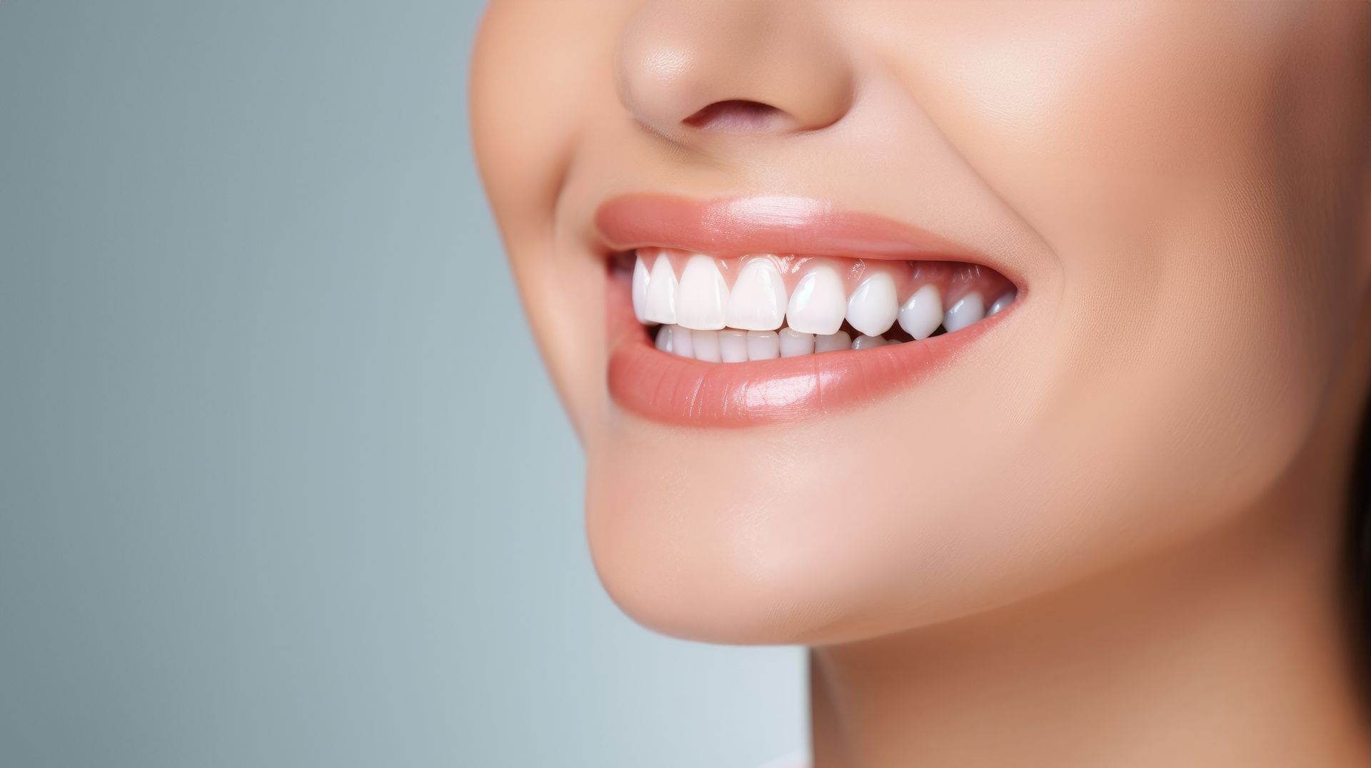 Close-up of a smiling mouth with white teeth and pink lips against a soft blue background