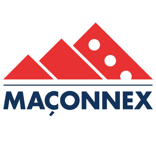 Logo de construction en briques rouges avec le nom « MAÇONNEX ».