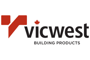 Logo Vicwest avec des formes angulaires rouges, une feuille d'érable et le texte « vicwest PRODUITS DE CONSTRUCTION ».