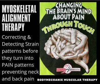 Myoskeletal alignment therapy ad with text about correcting pain patterns and changing the brain’s mind about pain through touch