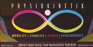Physiokinetix logo with colorful infinity symbol and text: mobility, stability, power, performance.