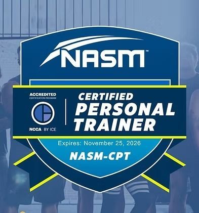 NASM-CPT certified personal trainer badge in blue and gold