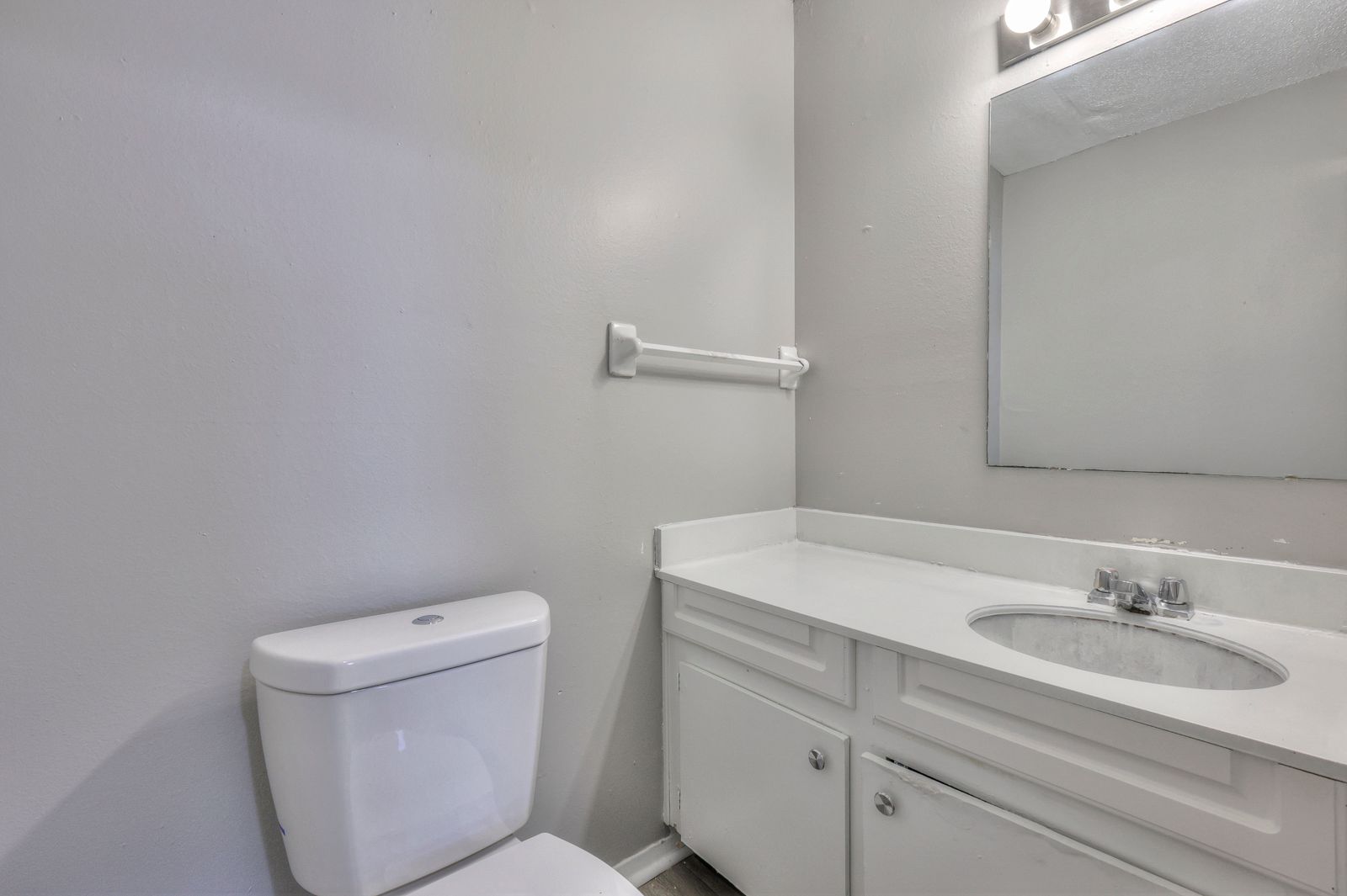 Photo of a toilet and a wide sink and cabinet area