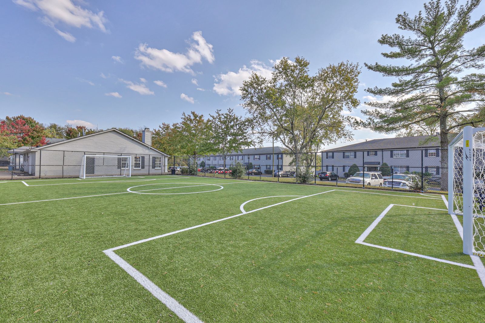 Photo of a community soccer field, showing the community in the background