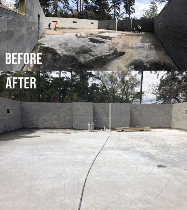 Before-and-after view of a concrete patio construction site with unfinished and finished slabs and cinderblock walls