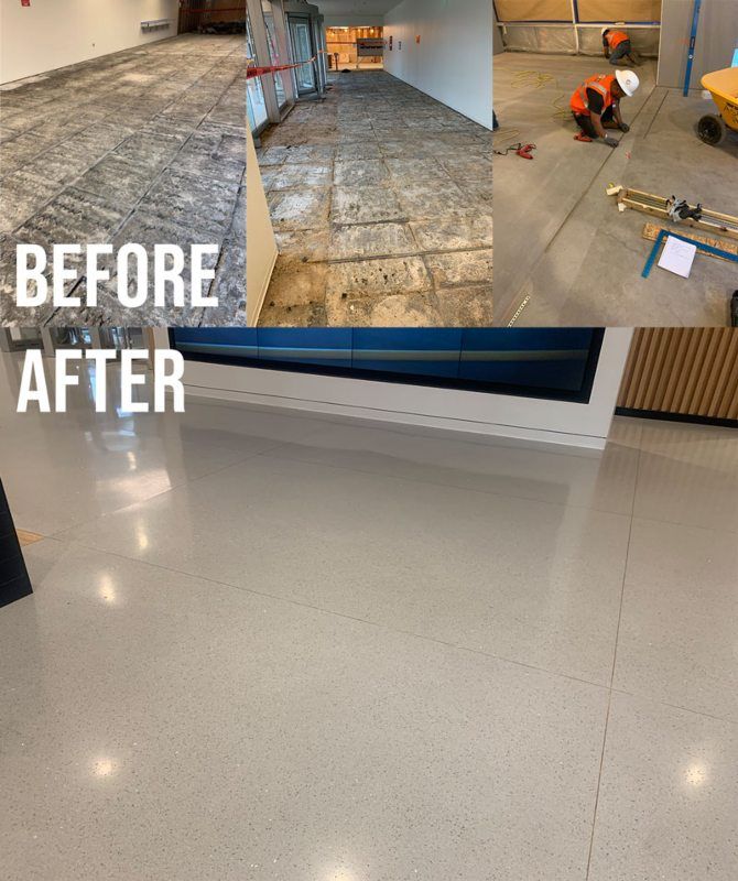 Before-and-after of a floor refinishing: worn gray floor replaced with glossy white surface.