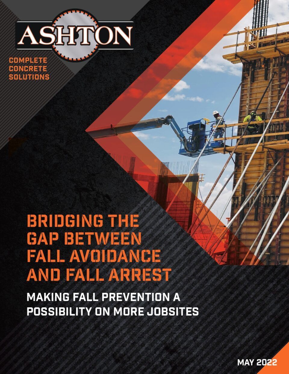 ASHTON construction cover with worker on scaffolding; orange-and-black design, title about fall prevention.