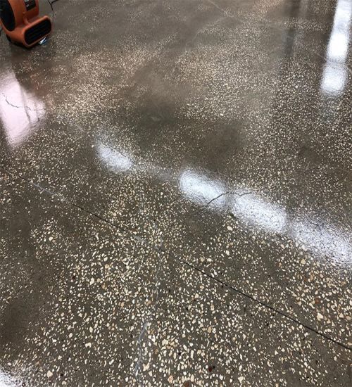 Shiny speckled concrete floor with reflections of overhead lights and a cracked line.