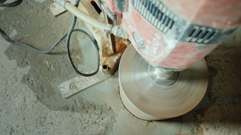 Worker using a handheld grinder to cut a metal pipe on a dusty floor