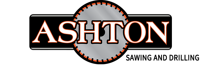 ASHTON logo with a gray gear behind the wordmark and “SAWING AND DRILLING” in the lower right