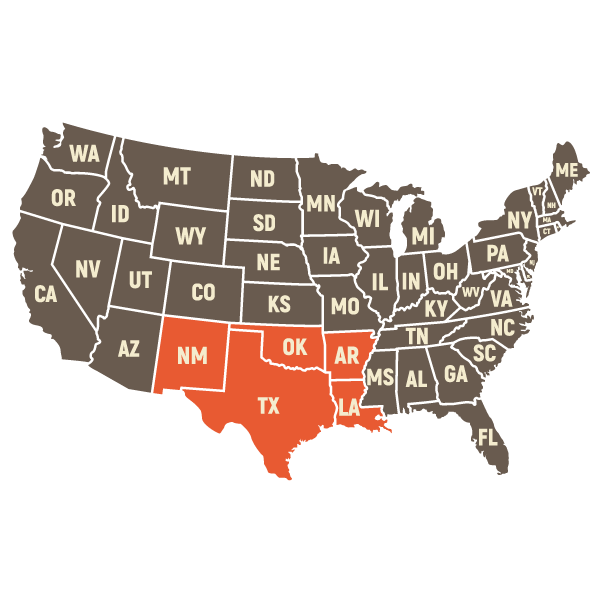 Map of the United States with several southern and central states highlighted in orange