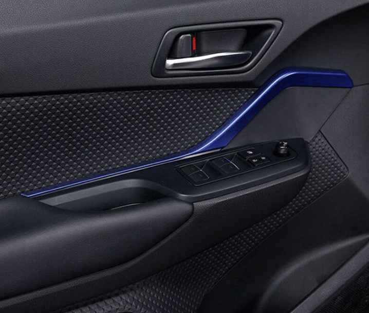 Car door interior featuring black textured paneling, blue trim, window controls, and a silver door handle.
