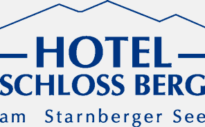 Ein blau-weißes Logo für ein Hotel namens Hotel Schloss Berg
