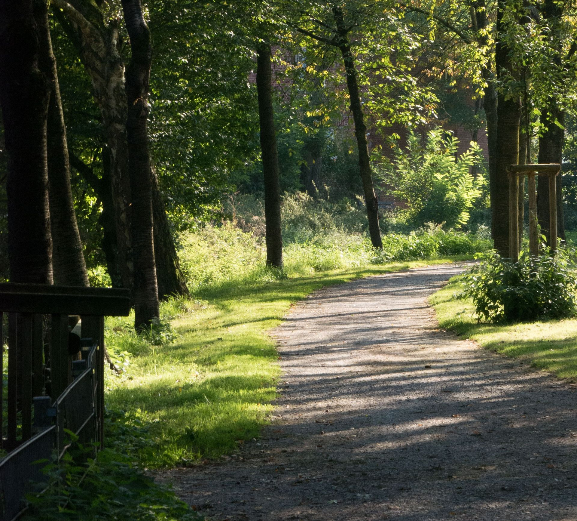 Ein sonnenbeschienener Kiesweg schlängelt sich durch einen bewaldeten Park mit grünem Gras und hohen Bäumen.