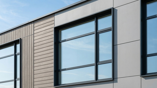 A low-angle view of a modern building facade featuring wood siding and grey panels with large, dark-framed glass windows.