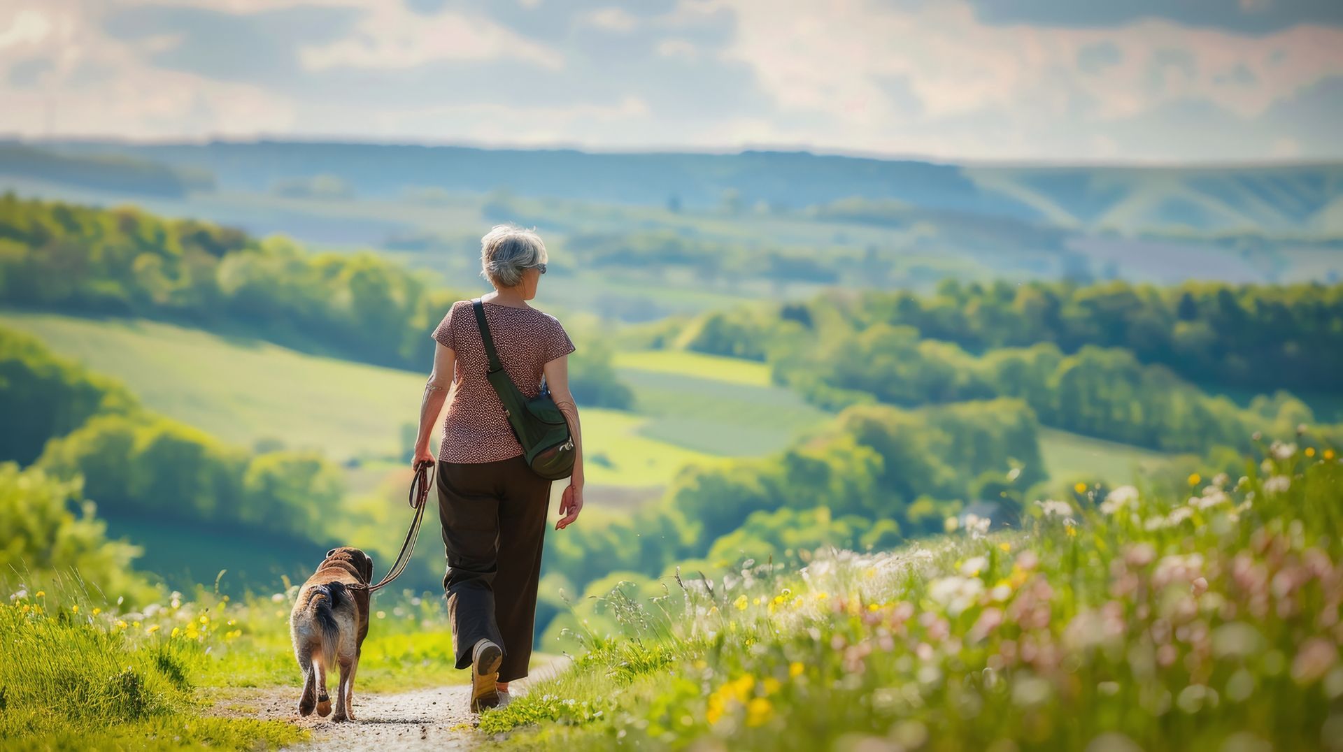 Woman taking nature walk with dog
