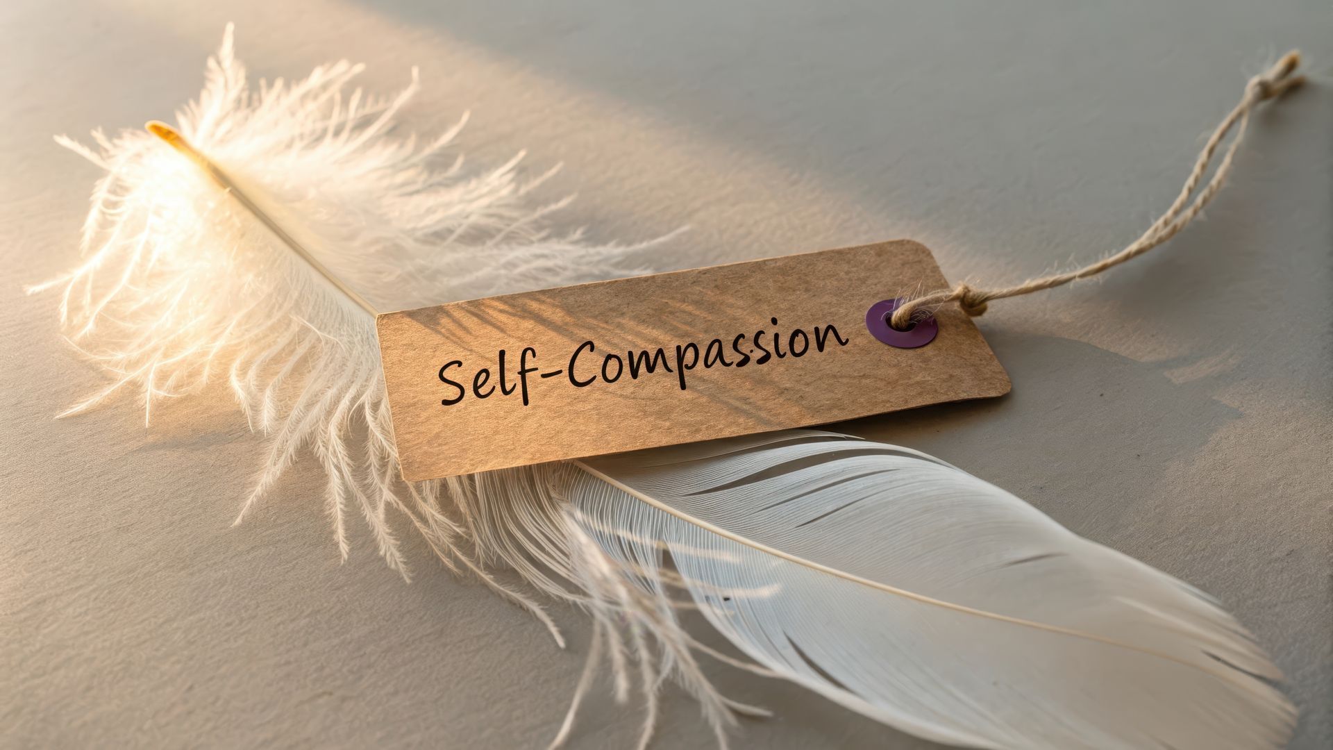 feather with a tag that says self-compassion