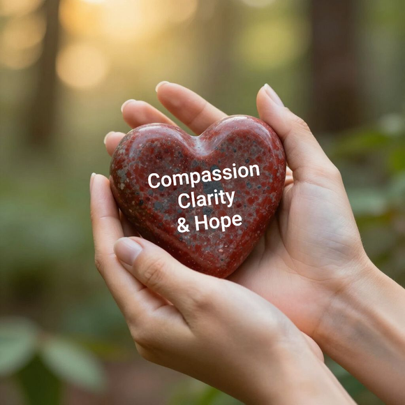 Hands holding a granite heart that has the  words  compassion, clarity and hope