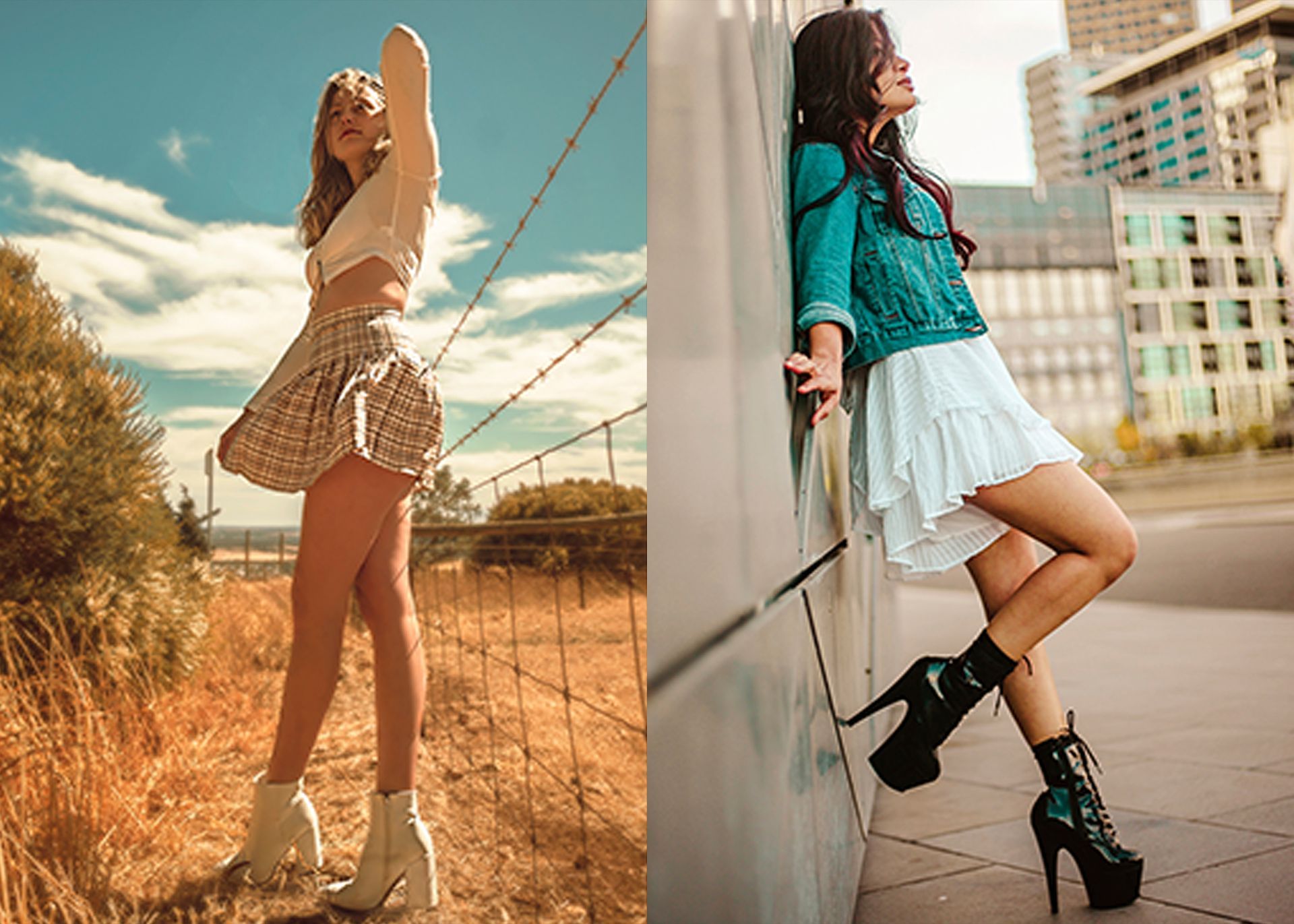 A woman in a skirt is standing next to a barbed wire fence and a woman leaning against a wall.