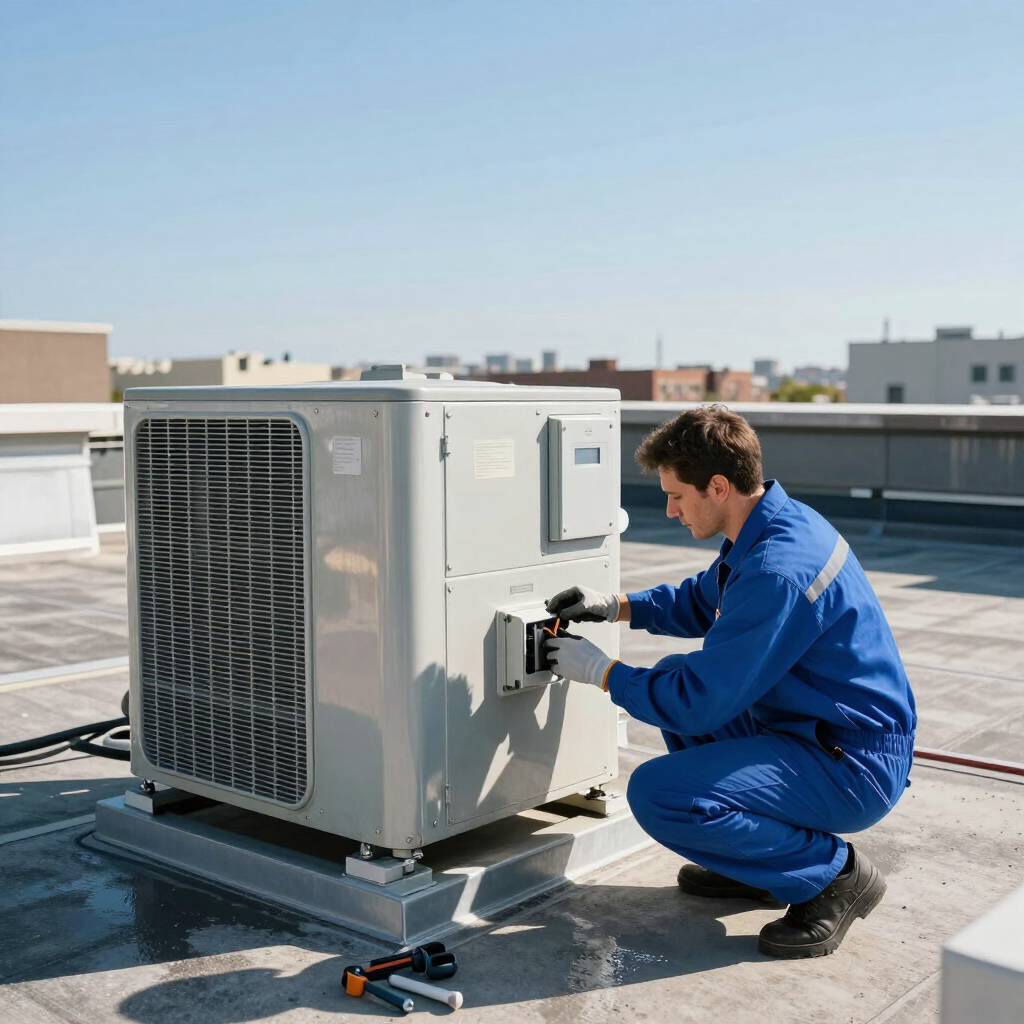 Technician checking HVAC unit gauges with gloved hands beside outdoor condenser fans