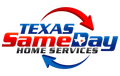 Texas SameDay Home Services logo with circling arrows; red and blue text and Texas outline.
