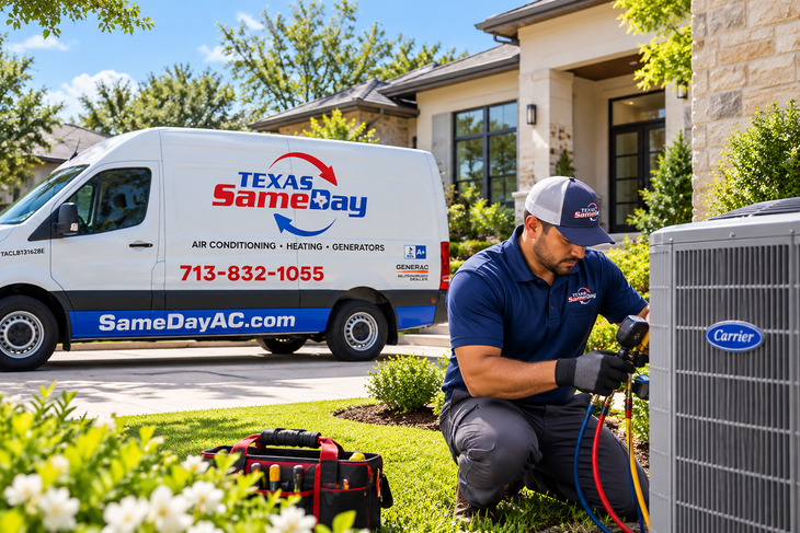 Texas Same-Day HVAC technician servicing an outdoor air conditioning unit at a Houston-area home, with branded Texas Same-Day service van in the background.