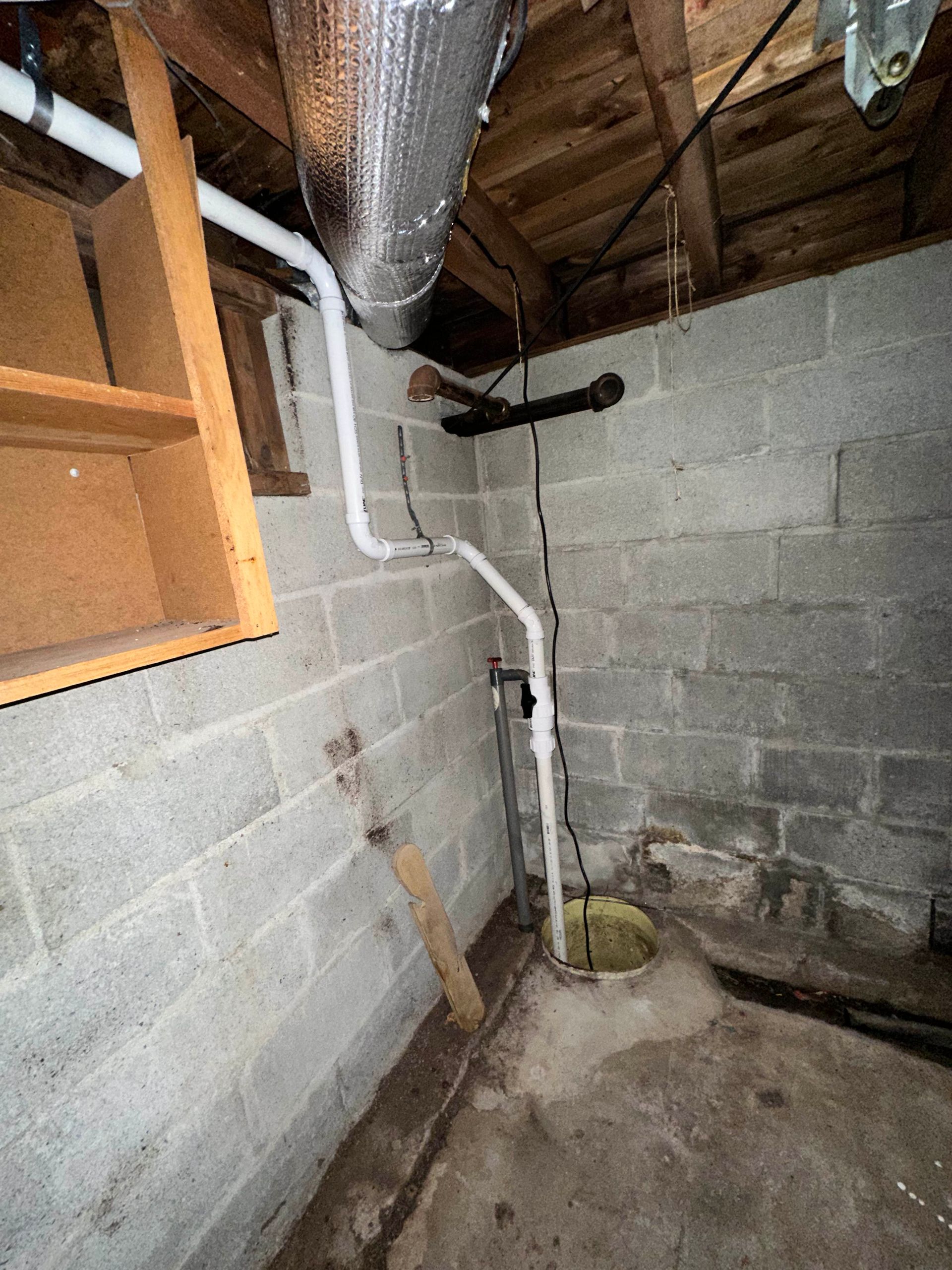 Basement corner with pipes, a shelf, and cinder block walls. Includes a sump pump.