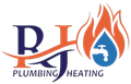 Logo for RJ Plumbing & Heating: Blue and orange flame with a blue water droplet and faucet, and stylized RJ initials.