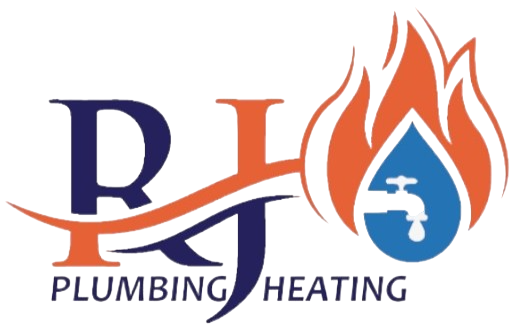 Logo for RJ Plumbing & Heating: Blue and orange flame with a blue water droplet and faucet, and stylized RJ initials.