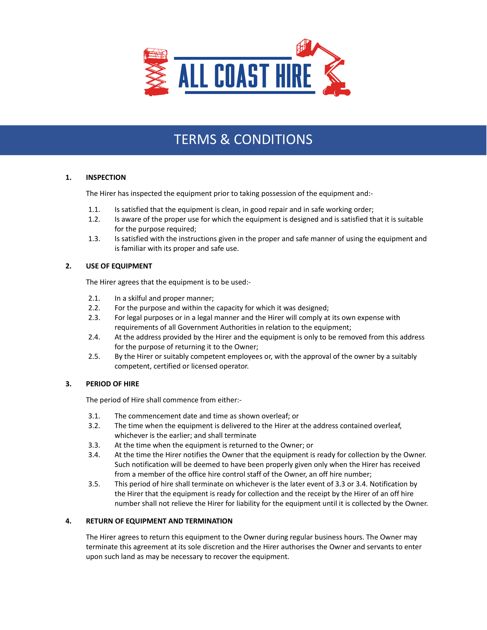 Terms and Conditions document for All Coast Hire, featuring the company logo at the top.