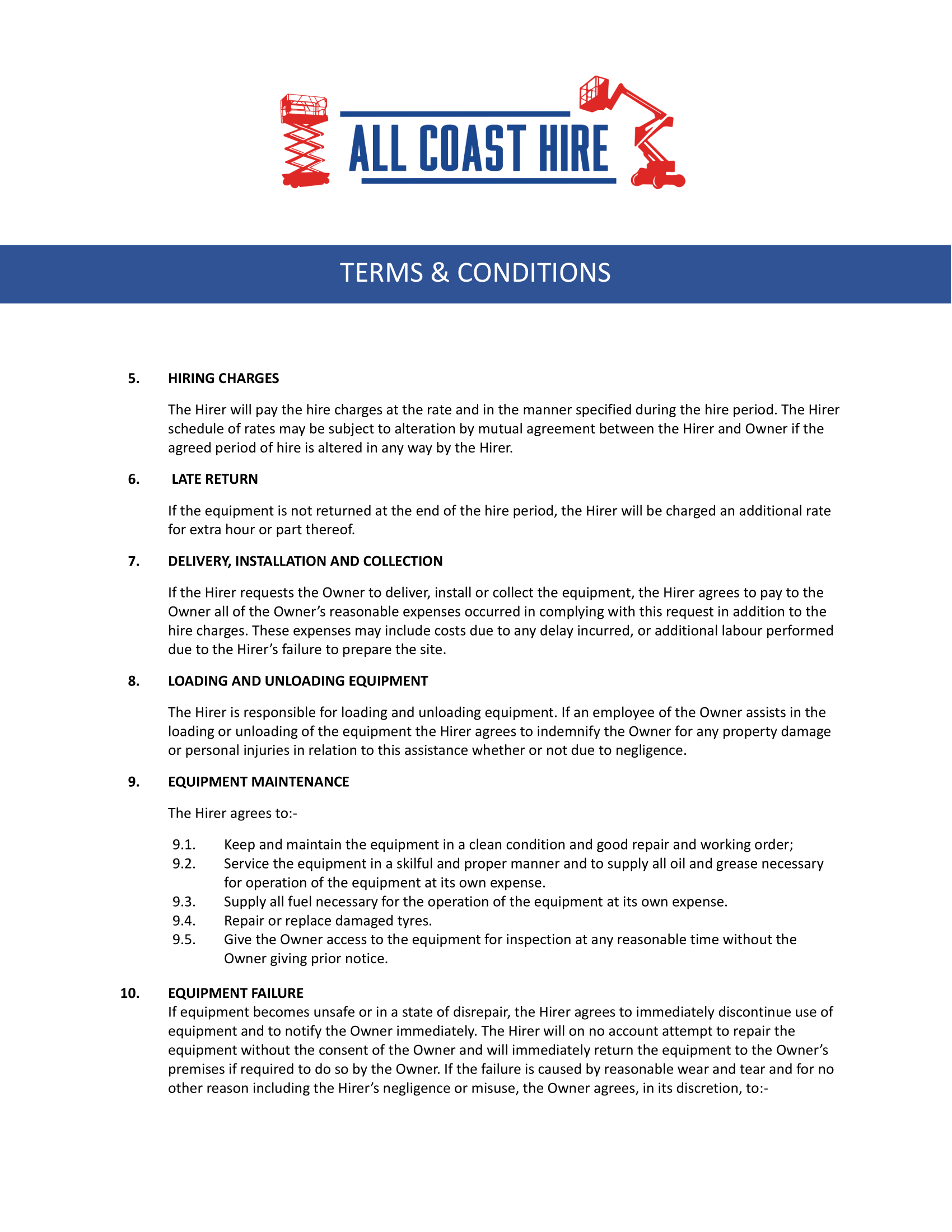 All Coast Hire logo and Terms & Conditions document header.