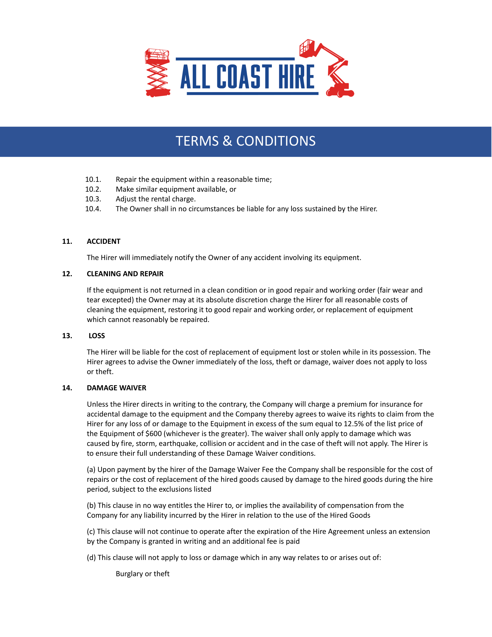 All Coast Hire document header with company logo, title, and terms and conditions text.
