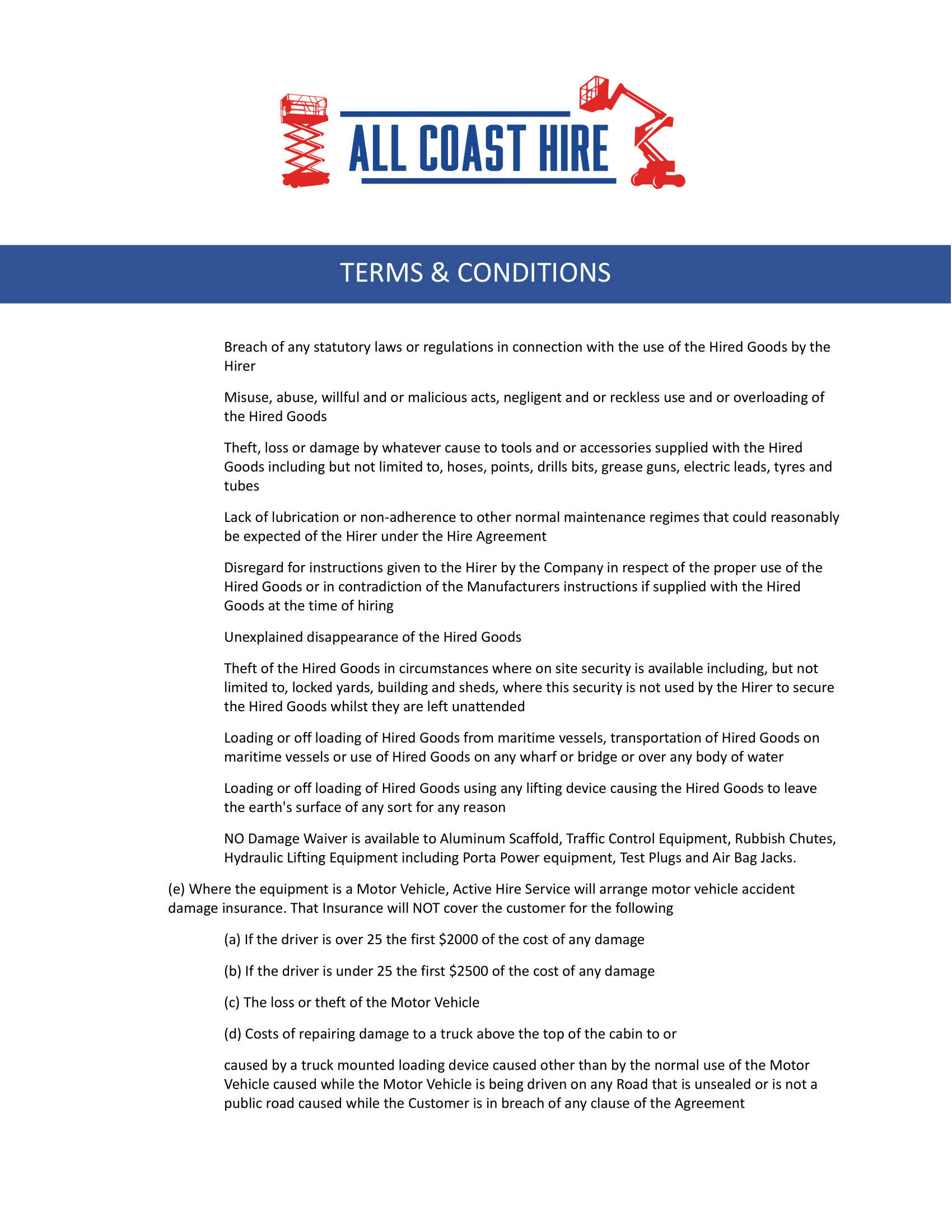 All Coast Hire logo above a list of terms and conditions document.