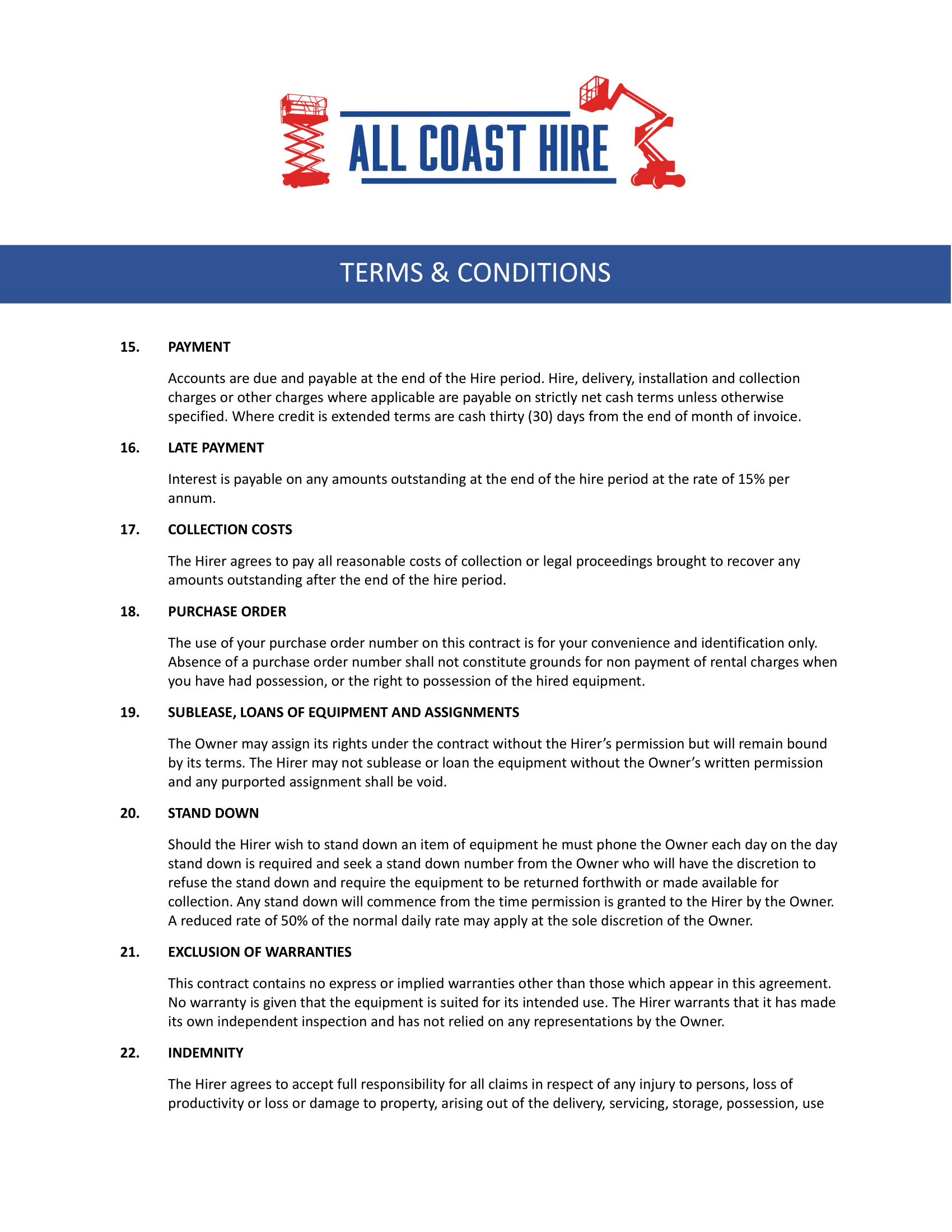 All Coast Hire terms and conditions document with company logo at the top.