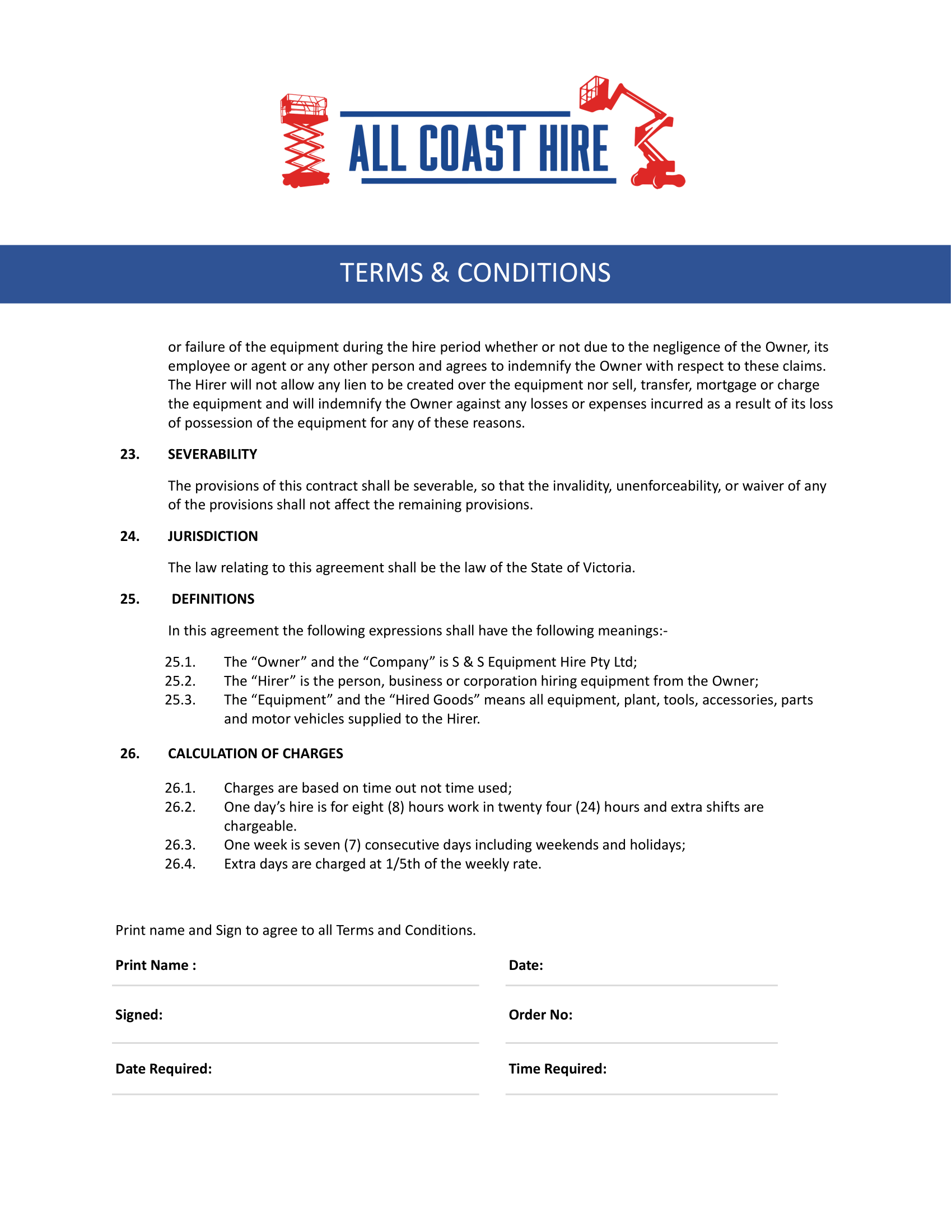 All Coast Hire terms and conditions document header featuring company logo and legal text.