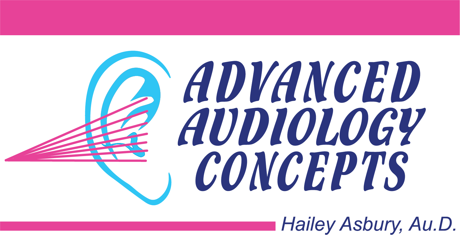 Advanced Audiology Concepts logo with ear icon, pink and blue text, and &ldquo;Hailey Ashbury, Au.D.&rdquo;