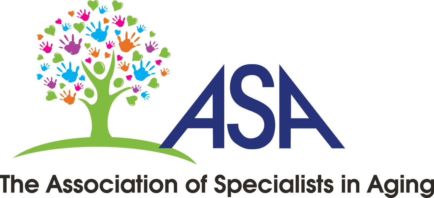 Logo for The Association of Specialists in Aging with a colorful tree and blue ASA text