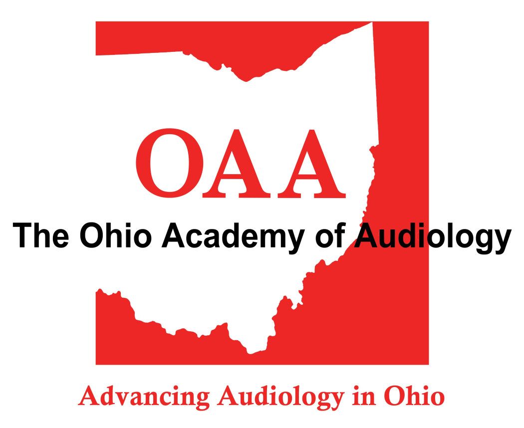 Ohio Academy of Audiology logo with red Ohio silhouette and text “Advancing Audiology in Ohio”