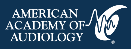American Academy of Audiology logo in white text with stylized ear icon on a blue background