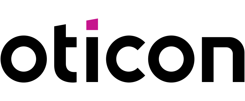 Oticon logo in black lowercase letters with a pink square accent above the i
