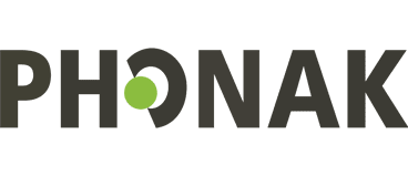 PHONAK logo in black and green with a green circle inside the O