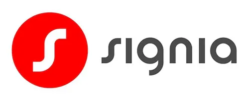 Signia logo with red circular icon and gray wordmark on white background