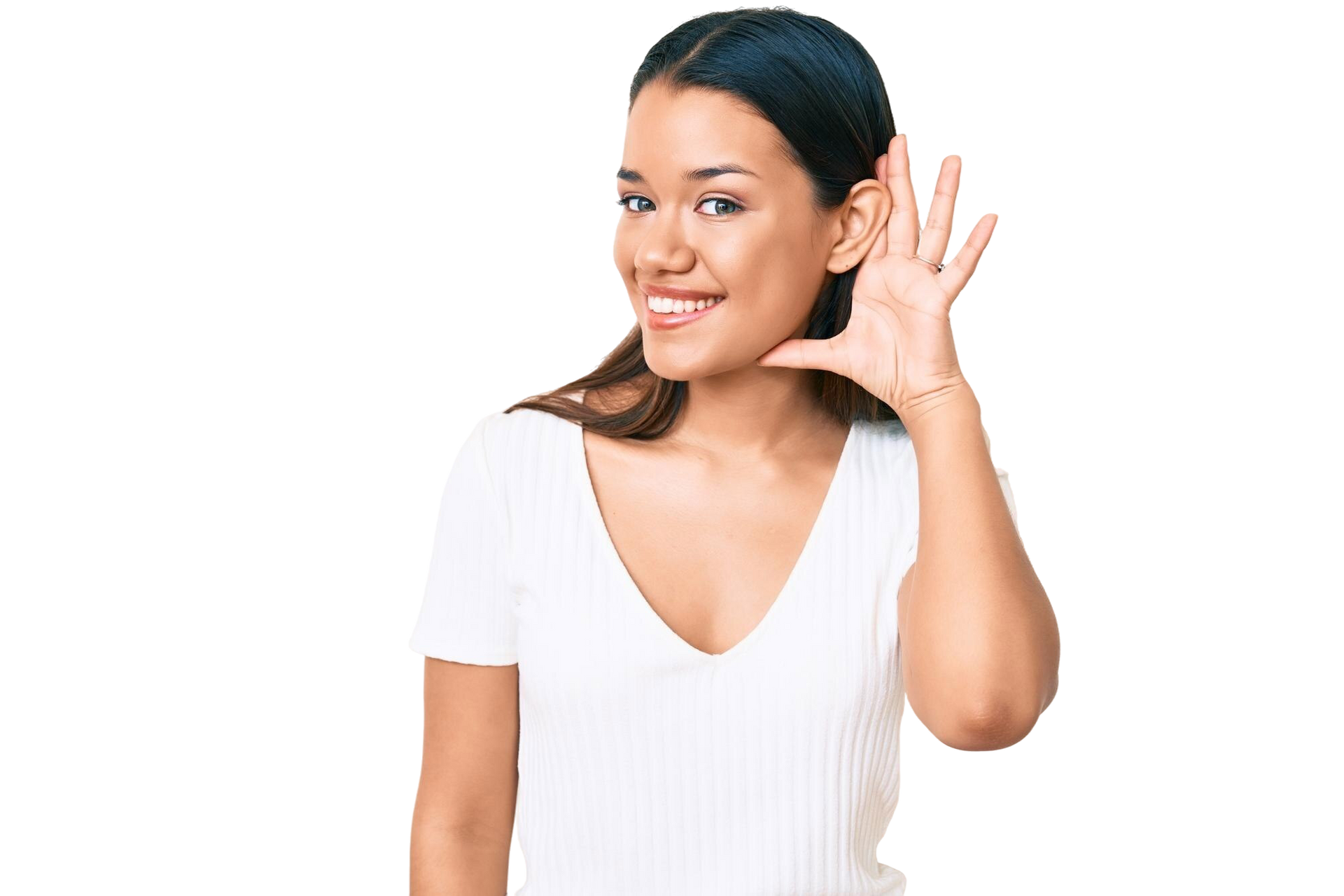 Smiling woman in a white shirt cupping her hand to her ear against a white background