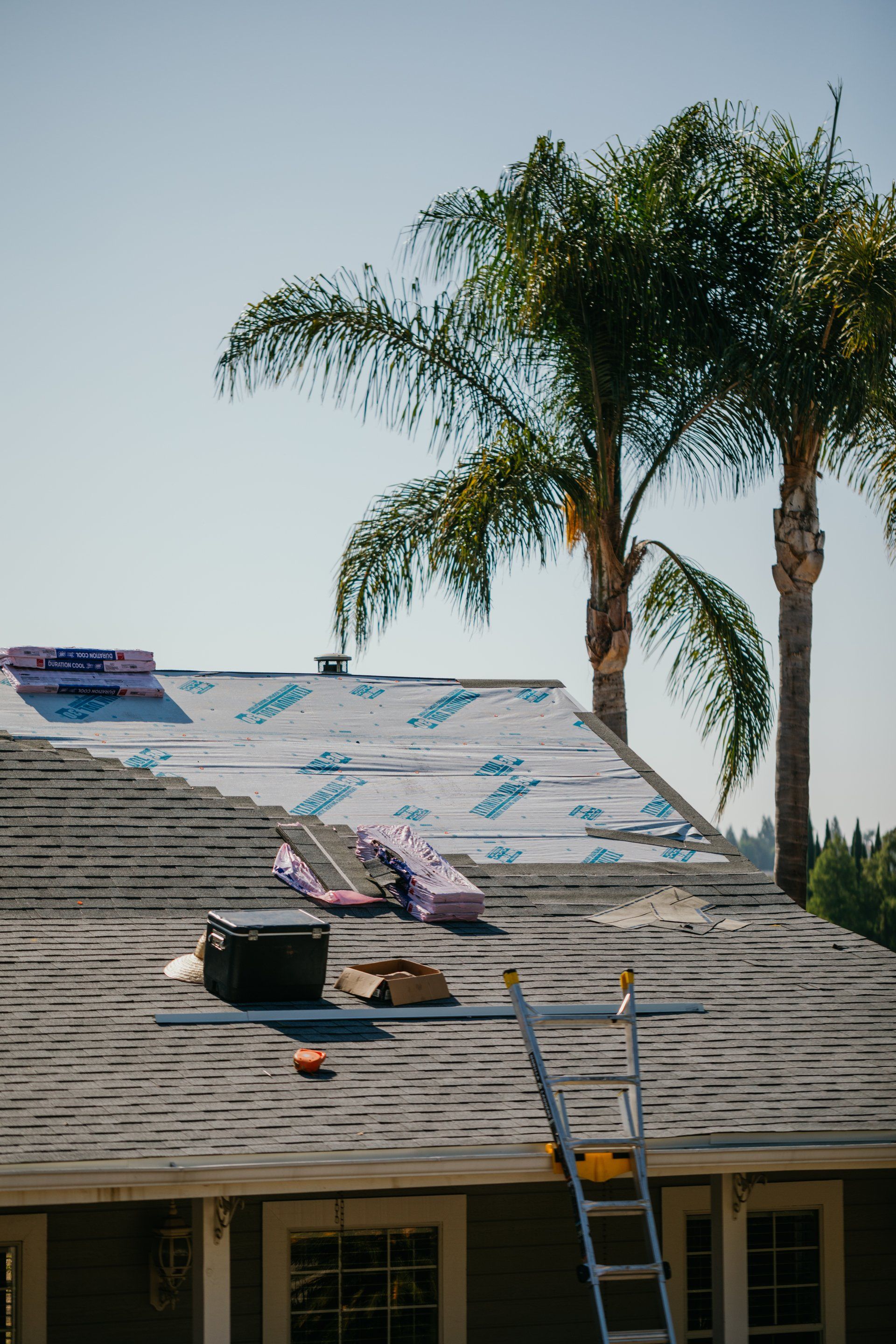A ladder is sitting on the roof of a house
