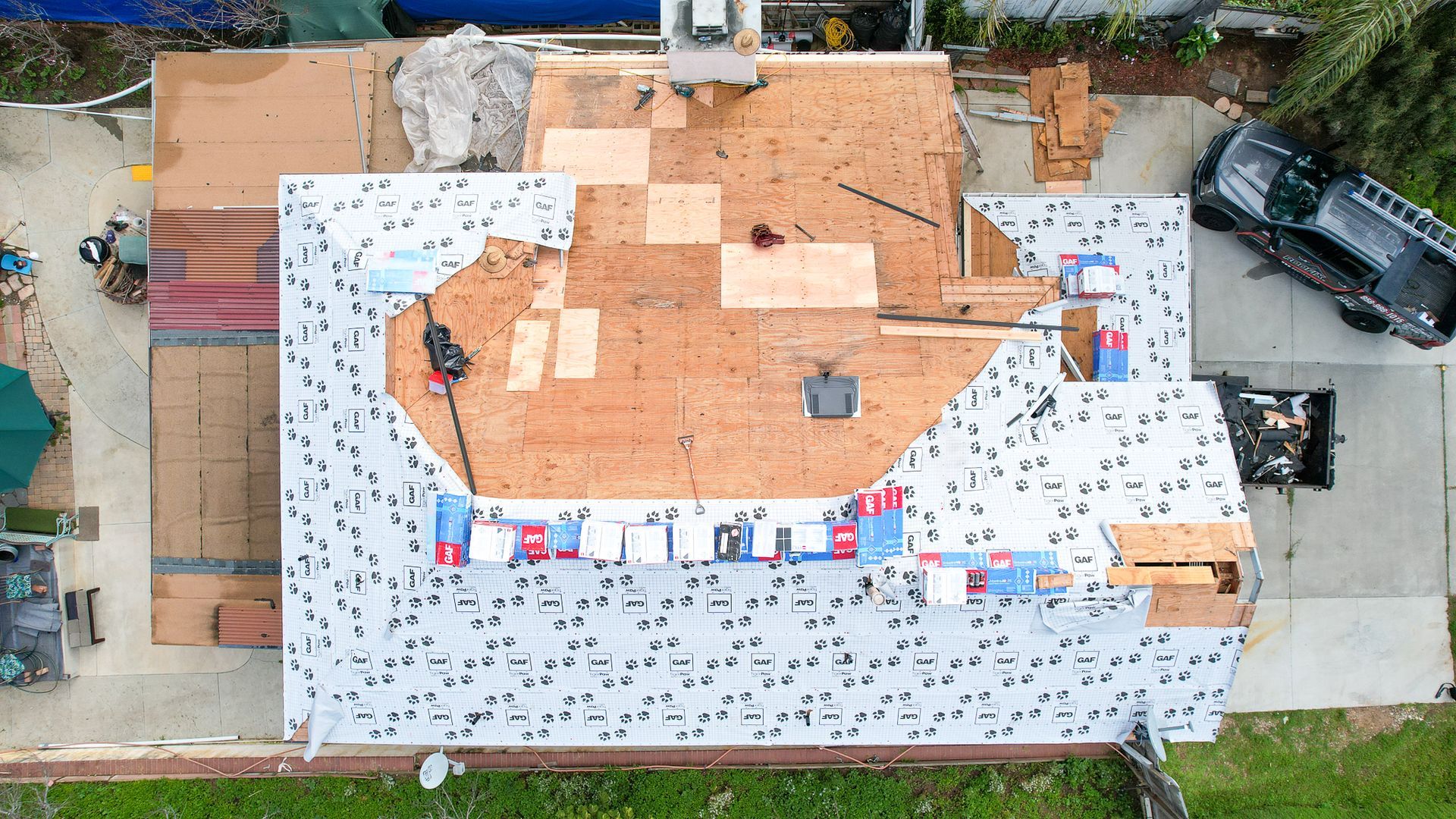 An aerial view of the roof of a house under construction