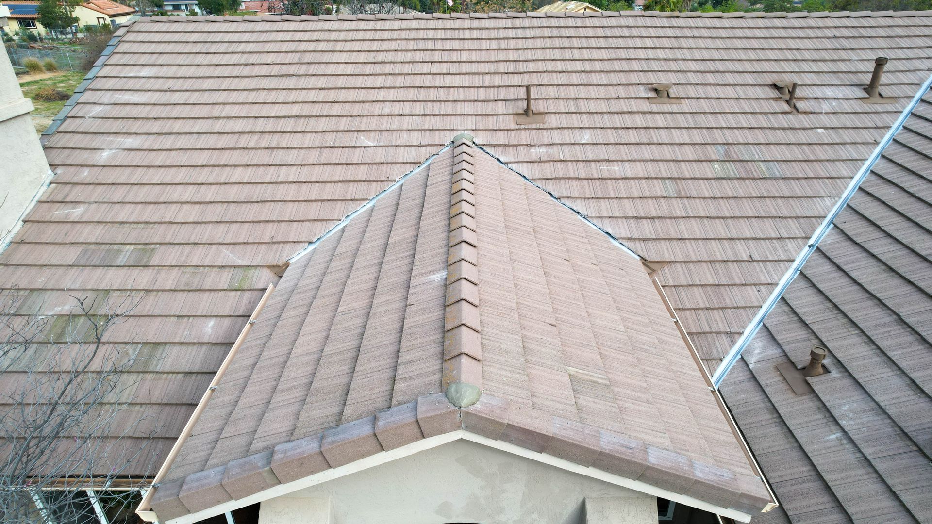An aerial view of the roof of a house