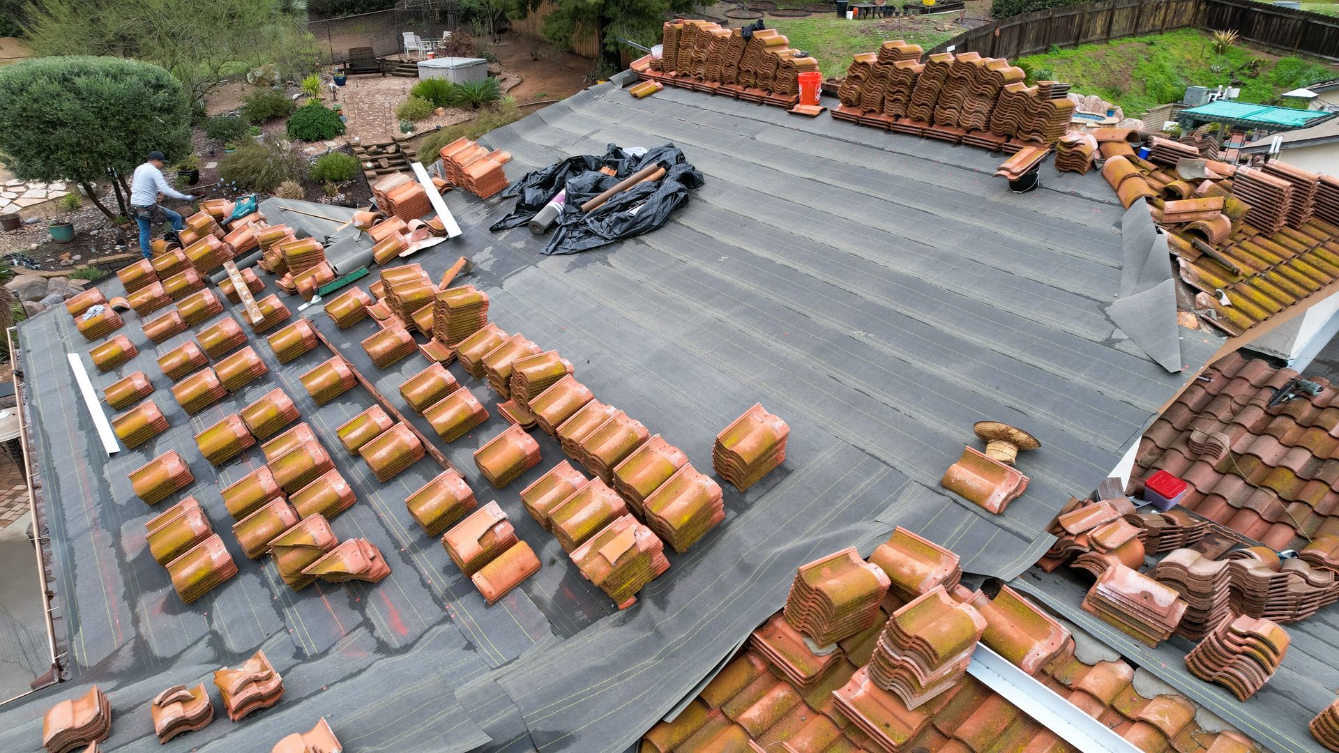 A roof with a lot of bricks on it