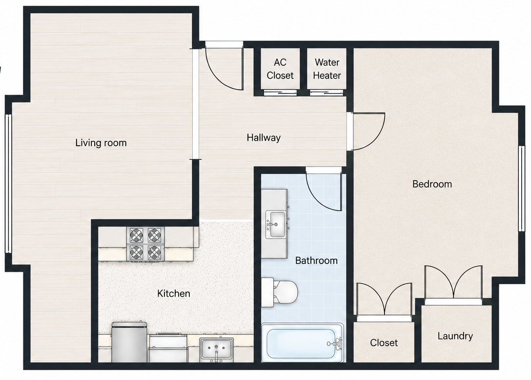 Floor plan of a small apartment with living room, kitchen, bath, bedroom, and closets.