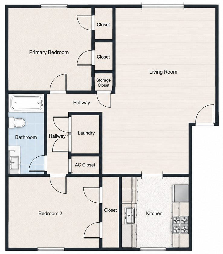 Black-and-white apartment floor plan with primary bedroom, living room, kitchen, bathroom, and laundry.